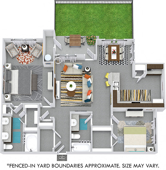 Floor plan for 2 beds, 2 baths, 1136 sqft